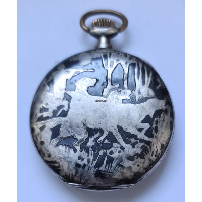 Anonimous Niello Silver "Hunting With Dogs" Pocket Watch - White, 1910
